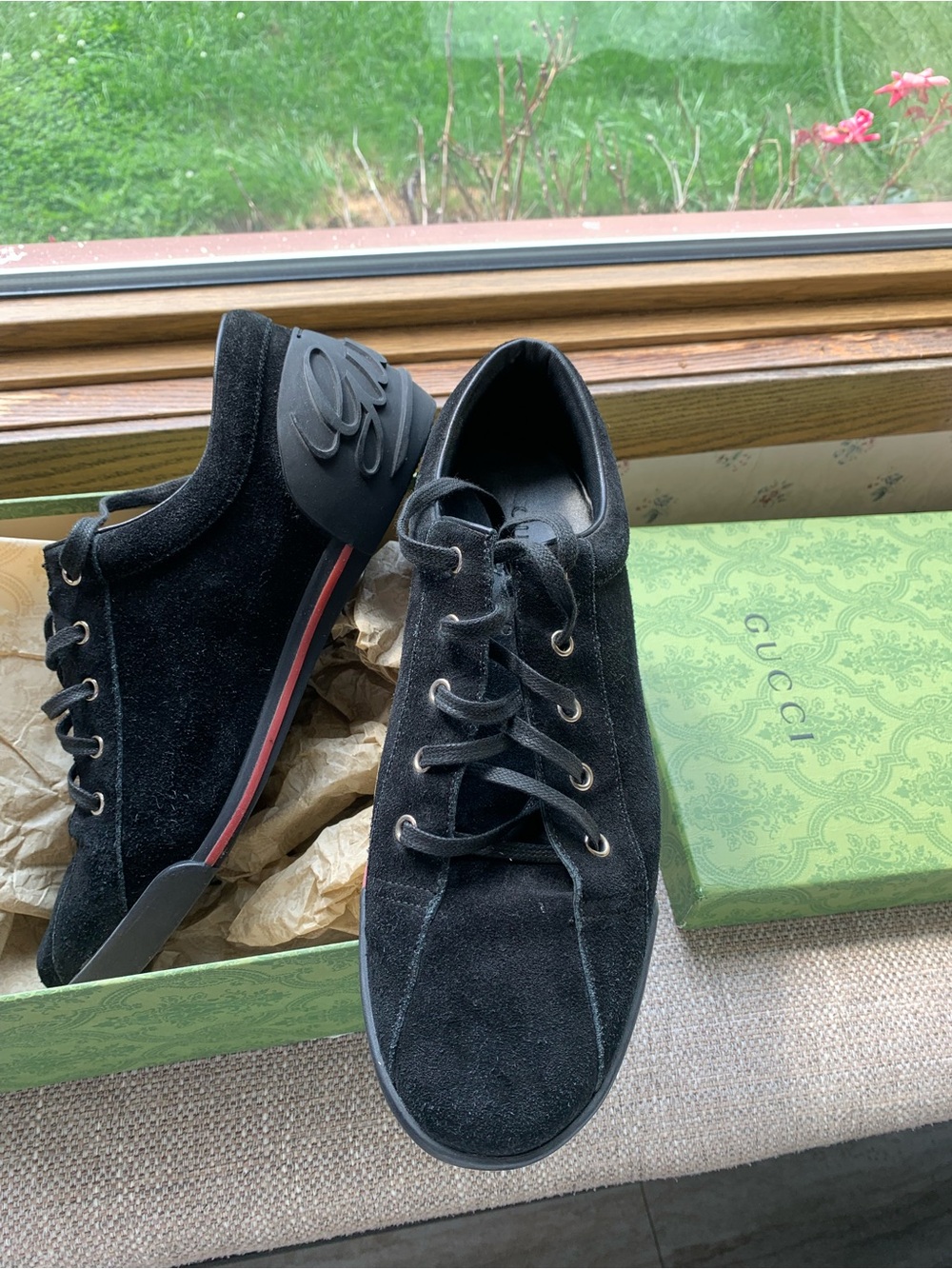 Gucci Like New In Box Black Suede Men's Sneakers script lettering on heels